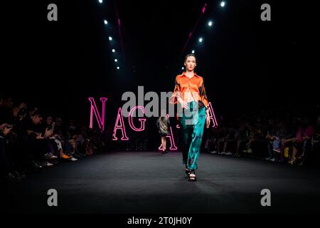 A model walks the runway wearing a creation of Andres Sarda during the  presentation collection CINEMA  at Mercedes-Benz Fashion Week Madrid.  (Photo by Atilano Garcia / SOPA Images/Sipa USA Stock Photo 