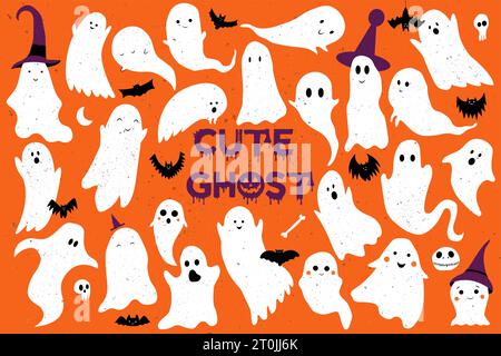 Little cute ghosts collection. Cute Ghost Vector Illustrations for Kids on Halloween Stock Vector