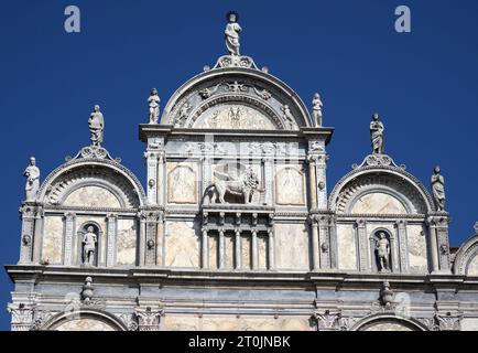 Scenes of Venice, Italy on October 7, 2023. A view of the sculptures including the Lion of Saint Mark is seen on the Venice Hospital aka Santi Giovann Stock Photo