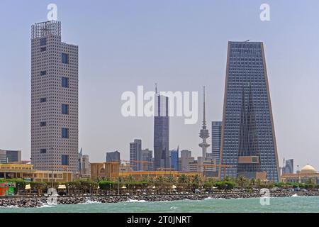 Kuwait City, Kuwait - July 13, 2018: Investment authority headquarters and central bank of Kuwait skyscrapers skyline summer cityscape. Stock Photo