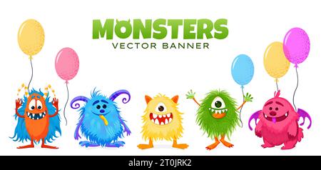 Banner with funny cartoon monsters and balloons. Stock Vector