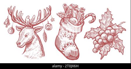 Deer with Christmas decorations, sock with gifts, holly berries. Vintage sketch vector illustration engraving style Stock Vector