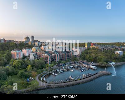 Aerial view of Nacka Strand residential area in Nacka outside Stockholm in early autumn morning Stock Photo