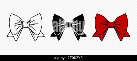 Vector Red Bow Tie or Gift Bow with Outline, Cut Out Icon Set