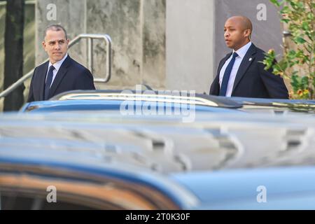 Wilmington, United States Of America. 03rd Oct, 2023. Hunter Biden, left, departs federal court at the J. Caleb Boggs Federal Building in Wilmington, Delaware on Tuesday, October 03, 2023. In Court, Biden pleaded not guilty to three federal firearms charges.Credit: Saquan Stimpson/CNP/Sipa USA for NY Post (RESTRICTION: NO Daily Mail. NO New York or New Jersey Newspapers or newspapers within a 75 mile radius of New York City.) Credit: Sipa USA/Alamy Live News Stock Photo