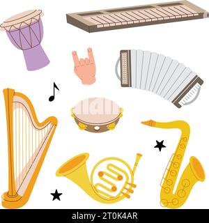Musical instruments. Djembe drum, bongo, congo, synthesizer piano, accordion, saxophone, french horn, lyre, wooden harp. Vector illustration. Stock Vector