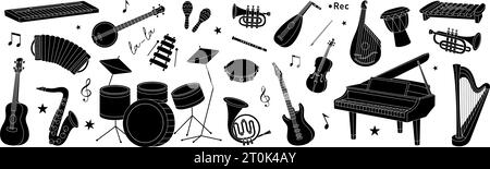 Musical instruments black set. Musical school banner. Tuba, trumpet, drum flute, french horn, lute, violin, electric bass guitar, acoustic guitar. Stock Vector