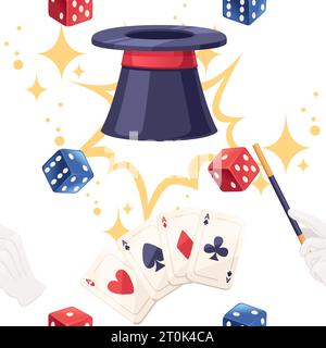 Seamless pattern Dark magic hat with playing dice vector illustration on white background Stock Vector