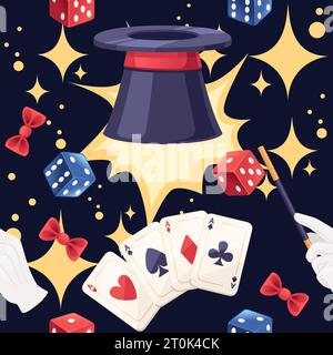Seamless pattern Dark magic hat with playing dice vector illustration on dark background Stock Vector