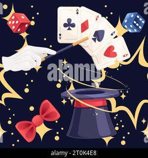 Seamless pattern Dark magic hat with playing dice vector illustration on dark background Stock Vector