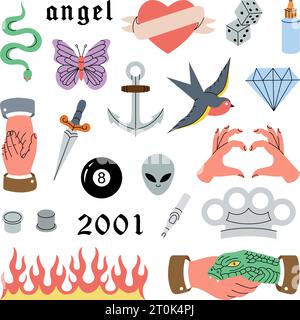 Set of tattoos. Old school tattoos. Swallow, rose, heart, knife, anchor, skull, hands, flowers, snake. Vector illustration. Stock Vector