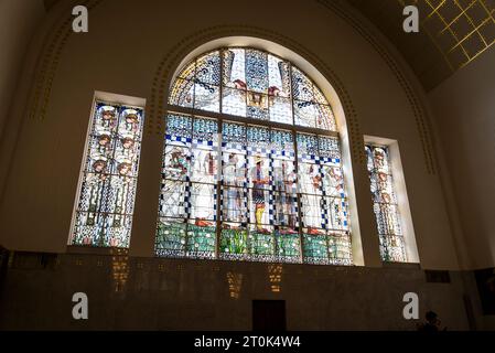 Stained glass window in the Kirche am Steinhof, also called the Church of St. Leopold, is the Roman Catholic oratory of the Otto-Wagner-Spital. The bu Stock Photo