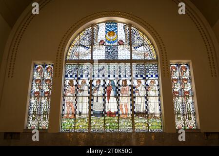 Stained glass window in the Kirche am Steinhof, also called the Church of St. Leopold, is the Roman Catholic oratory of the Otto-Wagner-Spital. The bu Stock Photo