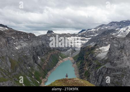 Amazing shot of a beautiful landscape in the alps of Switzerland. Wonderful flight with a drone over an amazing landscape in the canton of Glarus. Stock Photo