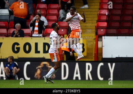 Karamoko Dembele of Blackpool celebrates his goal during the Sky Bet League 1 match between Charlton Athletic and Blackpool at The Valley, London on Saturday 7th October 2023. (Photo: Tom West | MI News) Credit: MI News & Sport /Alamy Live News Stock Photo