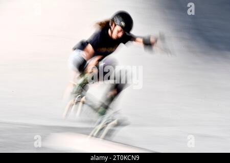 Lido Di Ostia, Rome, Italy. 07th Oct, 2023. Naia Laso of Spain competes in the semifinals of the 2023 Skateboarding Park World Championship women's, a qualifying event for Paris Olympic Games, at The Spot Skatepark in Lido di Ostia, Rome, Italy, October 7th, 2023. Naia Laso placed 9th. Credit: Insidefoto di andrea staccioli/Alamy Live News Stock Photo