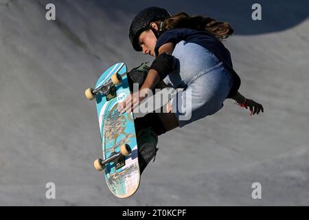 Lido Di Ostia, Rome, Italy. 07th Oct, 2023. Naia Laso of Spain competes in the semifinals of the 2023 Skateboarding Park World Championship women's, a qualifying event for Paris Olympic Games, at The Spot Skatepark in Lido di Ostia, Rome, Italy, October 7th, 2023. Naia Laso placed 9th. Credit: Insidefoto di andrea staccioli/Alamy Live News Stock Photo