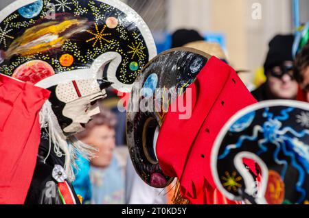 Xinzo de Limia, Spain 02 12 2023: Selective focus. Pantallas, the traditional carnival mask in the longest carnival in Spain, Entroido de Xinzo de Lim Stock Photo
