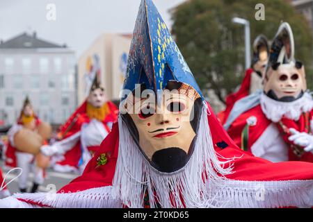 Xinzo de Limia, Spain 02 21 2023: Traditional mask of Xinzo de Limia Carnival. A Pantalla. Event of international tourist interest. Ourense, Galicia. Stock Photo