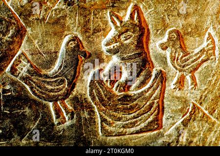 Carlisle Castle, prisoner's carving, on prison cell wall, fox preaching from pulpit, Cumbria, England Stock Photo