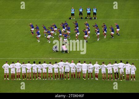 LILLE, FRANCE - OCTOBER 7: The Siva Tau of Samao, Jordan Lay of Samao, Sama Malolo of Samao, Michael Allaalatoa of Samao, Sam Slade of Samao, Brian Alainu'U'Ese of Samao, Theo McFarland of Samao, Fritz Lee of Samao, Steven Luatua of Samao, Jonathan Taumateine of Samao, Lima Sopoaga of Samao, Neria Fomai of Samao, Danny Toala of Samao, Tumua Manu of Samao, Nigel Ah-Wong of Samao, Duncan Paia'Aua of Samao, Seilala Lam of Samao, James Lay of Samao, Paul Alo Emile of Samao, Sootala Fa'a'so'o of Samao, Alamanda Motuga of Samao, Melani Matavao of Samao, Christian Leali'Fano of Samao, Miracle Fai'il Stock Photo