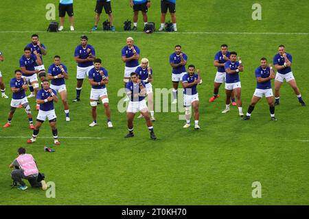 LILLE, FRANCE - OCTOBER 7: The Siva Tau of Samao, Jordan Lay of Samao, Sama Malolo of Samao, Michael Allaalatoa of Samao, Sam Slade of Samao, Brian Alainu'U'Ese of Samao, Theo McFarland of Samao, Fritz Lee of Samao, Steven Luatua of Samao, Jonathan Taumateine of Samao, Lima Sopoaga of Samao, Neria Fomai of Samao, Danny Toala of Samao, Tumua Manu of Samao, Nigel Ah-Wong of Samao, Duncan Paia'Aua of Samao, Seilala Lam of Samao, James Lay of Samao, Paul Alo Emile of Samao, Sootala Fa'a'so'o of Samao, Alamanda Motuga of Samao, Melani Matavao of Samao, Christian Leali'Fano of Samao, Miracle Fai'il Stock Photo