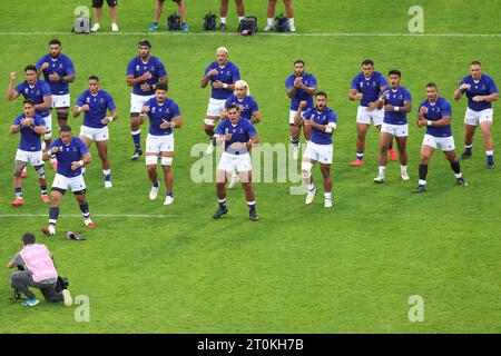 LILLE, FRANCE - OCTOBER 7: The Siva Tau of Samao, Jordan Lay of Samao, Sama Malolo of Samao, Michael Allaalatoa of Samao, Sam Slade of Samao, Brian Alainu'U'Ese of Samao, Theo McFarland of Samao, Fritz Lee of Samao, Steven Luatua of Samao, Jonathan Taumateine of Samao, Lima Sopoaga of Samao, Neria Fomai of Samao, Danny Toala of Samao, Tumua Manu of Samao, Nigel Ah-Wong of Samao, Duncan Paia'Aua of Samao, Seilala Lam of Samao, James Lay of Samao, Paul Alo Emile of Samao, Sootala Fa'a'so'o of Samao, Alamanda Motuga of Samao, Melani Matavao of Samao, Christian Leali'Fano of Samao, Miracle Fai'il Stock Photo