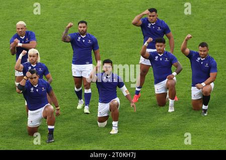 LILLE, FRANCE - OCTOBER 7: The Siva Tau of Samao, Jordan Lay of Samao, Sama Malolo of Samao, Michael Allaalatoa of Samao, Sam Slade of Samao, Brian Alainu'U'Ese of Samao, Theo McFarland of Samao, Fritz Lee of Samao, Steven Luatua of Samao, Jonathan Taumateine of Samao, Lima Sopoaga of Samao, Neria Fomai of Samao, Danny Toala of Samao, Tumua Manu of Samao, Nigel Ah-Wong of Samao, Duncan Paia'Aua of Samao, Seilala Lam of Samao, James Lay of Samao, Paul Alo Emile of Samao, Sootala Fa'a'so'o of Samao, Alamanda Motuga of Samao, Melani Matavao of Samao, Christian Leali'Fano of Samao, Miracle Fai'il Stock Photo