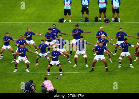 LILLE, FRANCE - OCTOBER 7: The Siva Tau of Samao, Jordan Lay of Samao, Sama Malolo of Samao, Michael Allaalatoa of Samao, Sam Slade of Samao, Brian Alainu'U'Ese of Samao, Theo McFarland of Samao, Fritz Lee of Samao, Steven Luatua of Samao, Jonathan Taumateine of Samao, Lima Sopoaga of Samao, Neria Fomai of Samao, Danny Toala of Samao, Tumua Manu of Samao, Nigel Ah-Wong of Samao, Duncan Paia'Aua of Samao, Seilala Lam of Samao, James Lay of Samao, Paul Alo Emile of Samao, Sootala Fa'a'so'o of Samao, Alamanda Motuga of Samao, Melani Matavao of Samao, Christian Leali'Fano of Samao, Miracle Fai'il Stock Photo