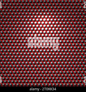 Grid with Black Spheres on Red Background with Light Effect. Perforated Texture Seamless Pattern Background, Dotted Technological Backdrop Stock Vector