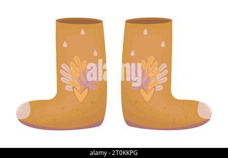 Orange autumn rubber boots, ginger fall shoes with leaves, color vector illustration in boho style Stock Vector