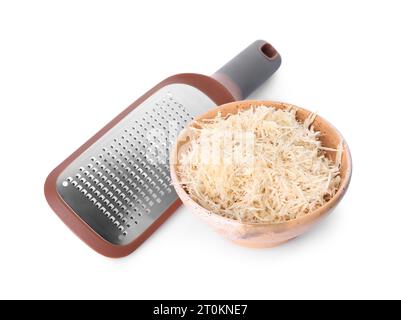 Grated horseradish in bowl and hand grater isolated on white Stock Photo