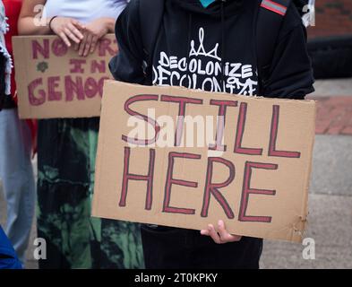 Indigenous Peoples Day, Boston, Massachusetts, USA. 7th Oct. 2023.  About 100 people demonstrated and marched through central Boston in support of renaming the United States National holiday of Columbus Day to Indigenous Peoples Day.  Credit: Chuck Nacke / Alamy Live News Stock Photo