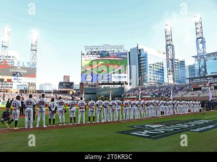 Atlanta, United States. 07th Oct, 2023. Atlanta Braves and Philadelphia Phillies stand on the field before the start of game one of an MLB National League Division Series in Truist Park in Atlanta on Saturday, October 7, 2023. Photo by Scott Cunningham/UPI Credit: UPI/Alamy Live News Stock Photo
