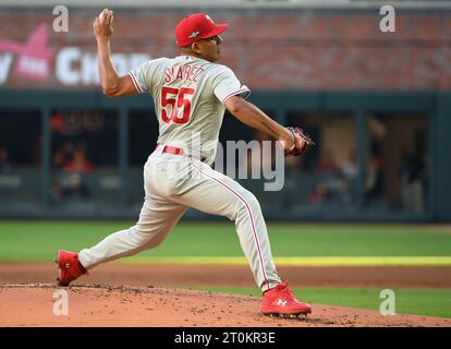 Atlanta, United States. 07th Oct, 2023. Philadelphia Phillies starting pitcher Ranger Suarez throws in the first inning against the Atlanta Braves in game one of an MLB National League Division Series in Truist Park in Atlanta on Saturday, October 7, 2023. Photo by Scott Cunningham/UPI Credit: UPI/Alamy Live News Stock Photo