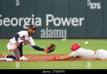 Atlanta, United States. 07th Oct, 2023. Philadelphia Phillies JT Realmuto is caught stealing second base by Atlanta Braves Ozzie Albies in the second inning of game one of an MLB National League Division Series in Truist Park in Atlanta on Saturday, October 7, 2023. Photo by Scott Cunningham/UPI Credit: UPI/Alamy Live News Stock Photo