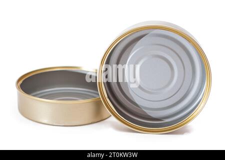 Two Opened Empty Tin Cans Isolated on White Background. Clean Used Aluminum Cans - Isolation. Non-Degradable Inorganic Waste Stock Photo