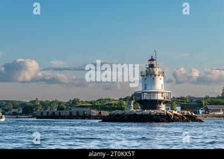 View of the Spring Pointe Ledge Light Station with fresnel lens in the late afternoon in South Portland Maine. Stock Photo