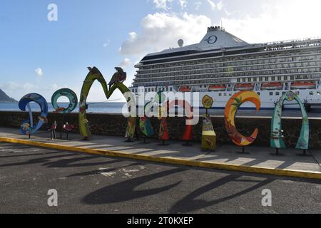 Roseau, Dominica - January 9, 2023 - MS Riviera, an Oceania Cruise Ship Docked in the Capital City of Dominica. Stock Photo