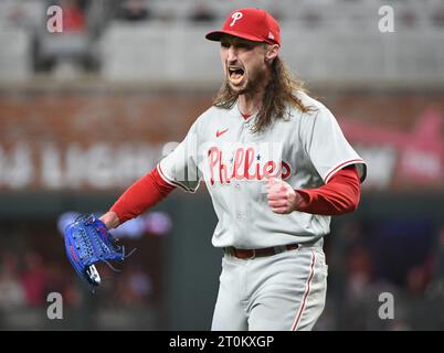 Atlanta, United States. 07th Oct, 2023. Philadelphia Phillies pitcher Matt Strahm celebrates after the Phillies defeated the Atlanta Braves 3-0 in game one of an MLB National League Division Series in Truist Park in Atlanta on Saturday, October 7, 2023. Photo by Scott Cunningham/UPI Credit: UPI/Alamy Live News Stock Photo