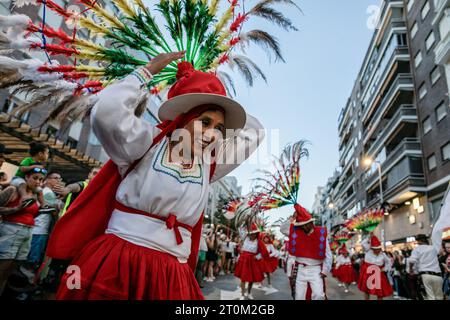 Madrid, Spain. 07th Oct, 2023. Artists representing the Bolivian delegation dance during the carnival to celebrate Hispanicity. A festive parade took place along Bravo Murillo Street in Madrid on the occasion of the Hispanic festivities for the discovery of America. The party has been organized by the city council of the capital with the cooperation of the different representations of the Latin American countries. (Photo by David Canales/SOPA Images/Sipa USA) Credit: Sipa USA/Alamy Live News Stock Photo