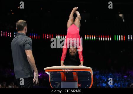 Antwerp, Belgium. 7th Oct, 2023. Simone Biles of the United States competes during the Women's Vault Final of the 2023 World Artistic Gymnastics Championships in Antwerp, Belgium, Oct. 7, 2023. Credit: Zheng Huansong/Xinhua/Alamy Live News Stock Photo