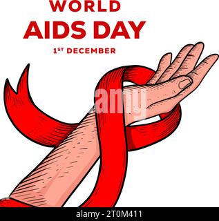 hand drawn vector world aids day illustration with hand and red ribbon Stock Vector
