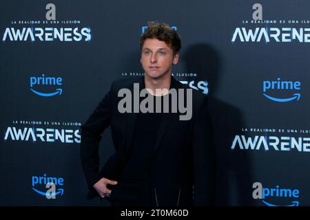 October 5, 2023, Madrid, Madrid, Spain: The Spanish actor Carlos Scholz (Malaga, 1994), known for his roles in series such as 'Toy Boy' and 'Fair: The Darkest Light' is seen on Thursday October 5, 2023, while posing for the media during the presentation of the new film 'Awareness' that will premiere on October 11 exclusively on Prime Video, in Madrid (Spain). 'Awareness' is an original Spanish action and science film with superheroic touches directed by Daniel Benmayor that tells the story of Ian, a rebellious teenager who lives with his father on the margins of society who survive on small sc Stock Photo