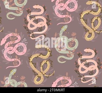 Vector seamless gentle pattern with serpents and plant stems on a dark background. Animalistic texture with curled snakes and herbs in pastel color Stock Vector