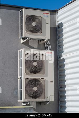 Nitra, Slovakia - October, 6, 2023 : Toshiba inverters. External units of air conditioning system. Stock Photo