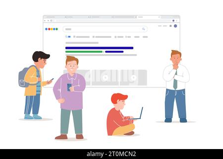 Search engine result page SEO large screen team people using smartphone and laptop looking for answer Stock Vector