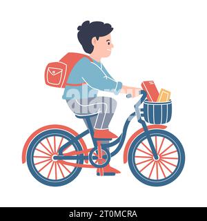 Man riding bicycle flat courier delivery bring bag and basket colorful flat character with outline Stock Vector