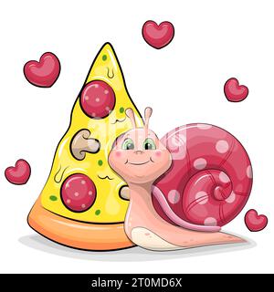 Cute cartoon snail with a big piece of pizza. Vector illustration of animal on a white background with red hearts. Stock Vector