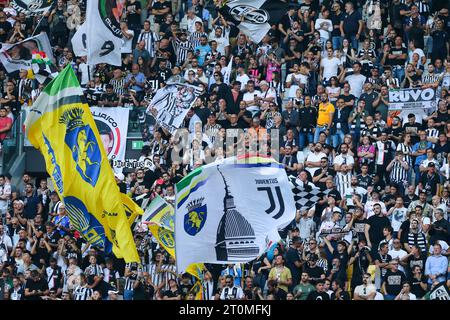 Juventus fans during the match between Juventus FC and Torino FC on October 07, 2023 at Allianz Stadium in Turin, Italy. Stock Photo